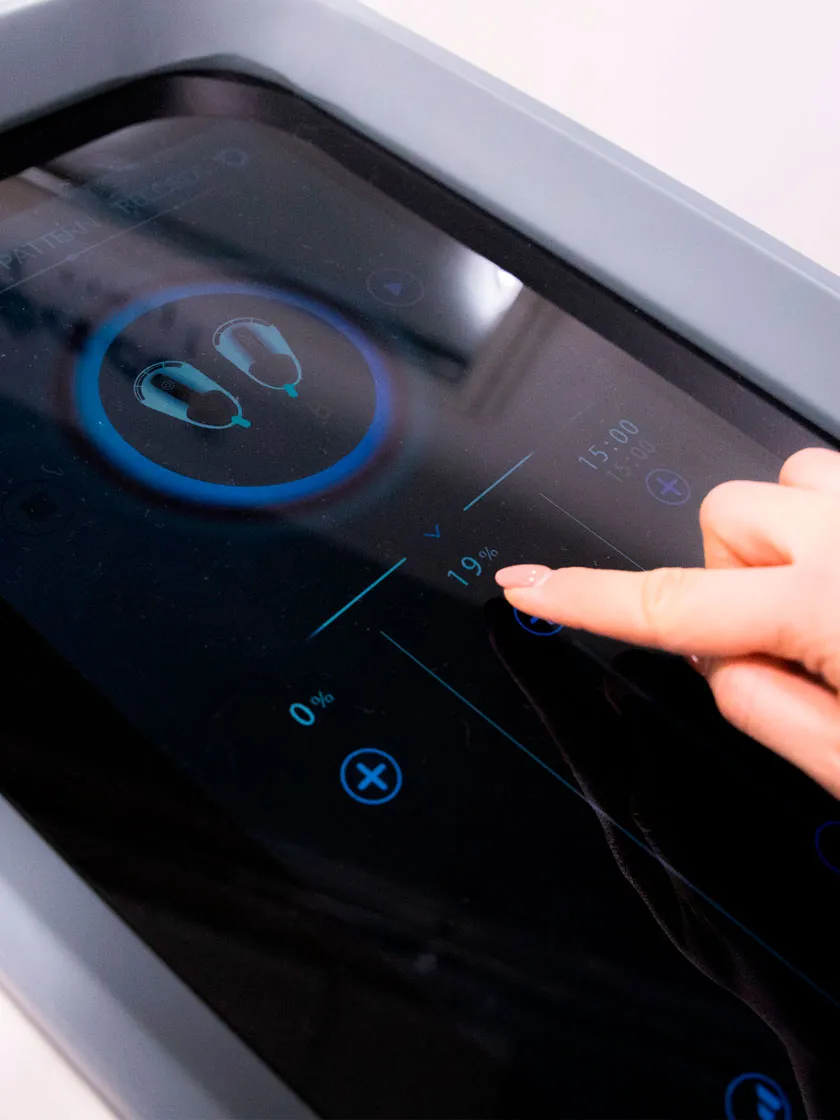 Touchscreen interface of the BodySculpt RF machine showing intensity settings