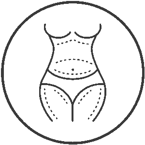 Female silhouette with dashed lines indicating targeted slimming and contouring areas on abdomen, waist, thighs, and arms