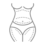 Female silhouette with dashed lines indicating targeted slimming and contouring areas on abdomen, waist, thighs, and arms